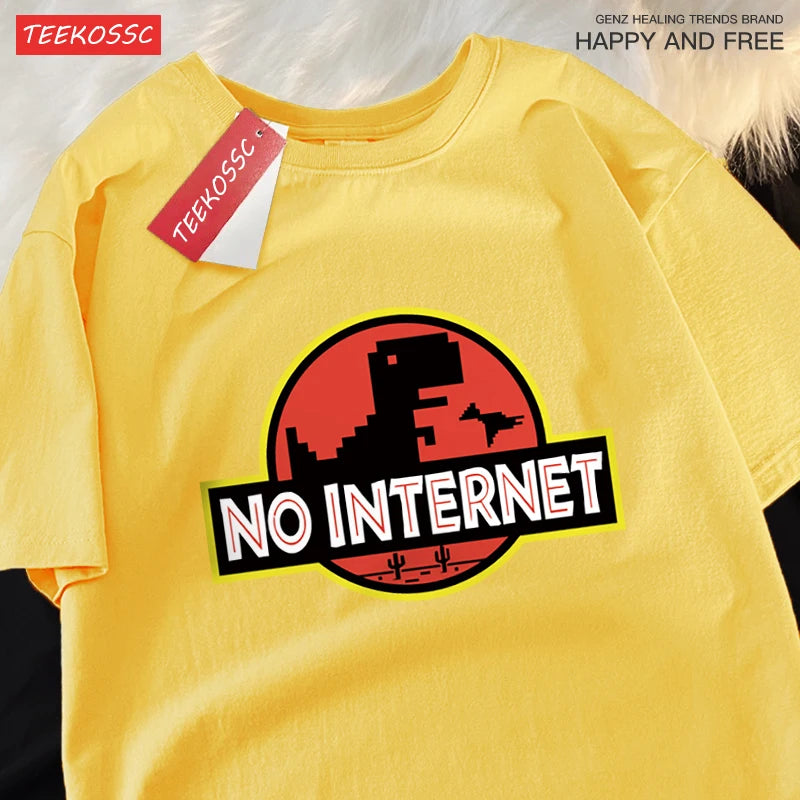 No Internet Fun Little Dinosaur Short Sleeve Mens Cartoons Cotton Tshirt Summer High Quality Clothing Fashion Oversize T-Shirts.