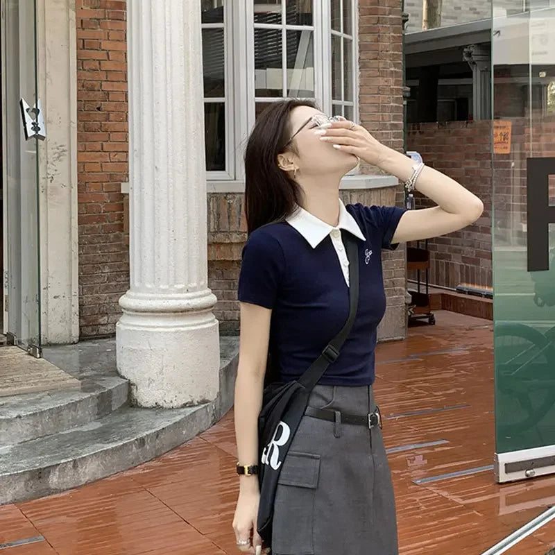 Slim Fit Short Sleeve Polo Neck T-Shirt Women's Sweet And Spicy Design Sensation Small Audience AE Stockpile Brand.