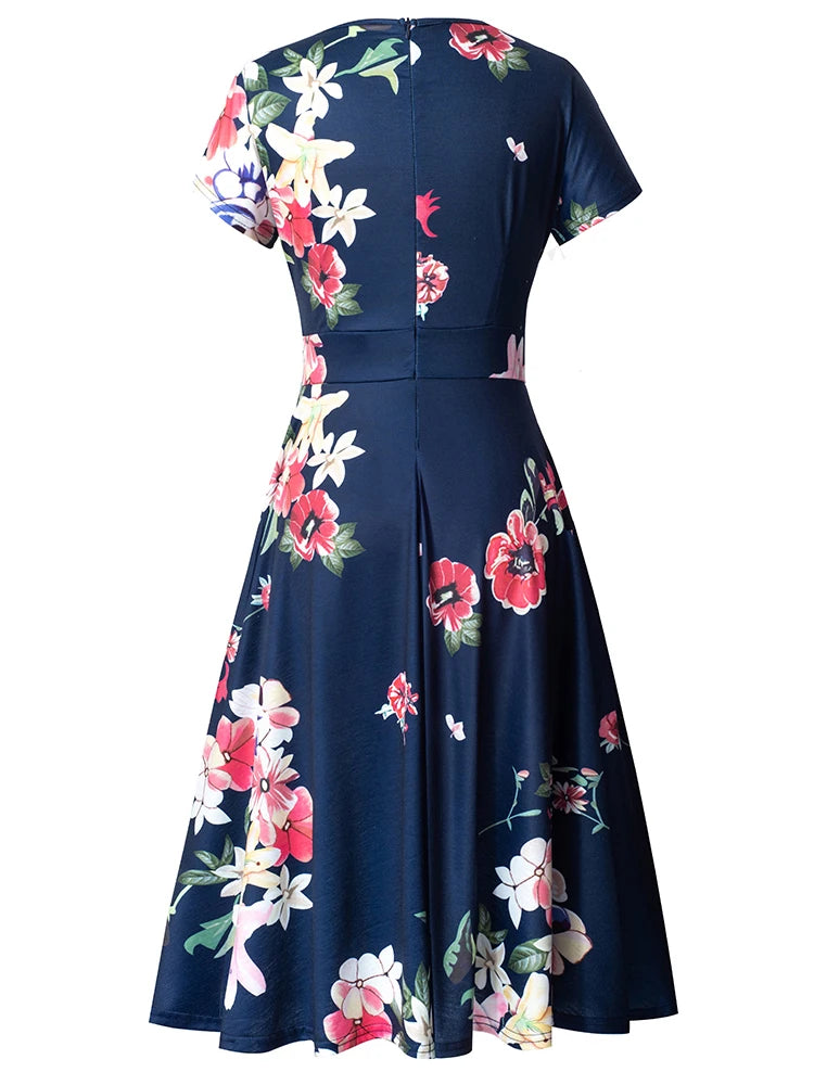 Nice-forever Vintage Elegante Blumen Druck Plissee Rundhals vestidos A-Line Pinup Business Party Frauen Flare Swing Kleid A102