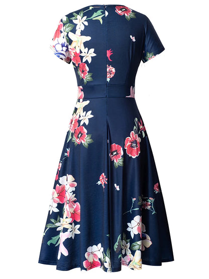 Nice-forever Vintage Elegante Blumen Druck Plissee Rundhals vestidos A-Line Pinup Business Party Frauen Flare Swing Kleid A102