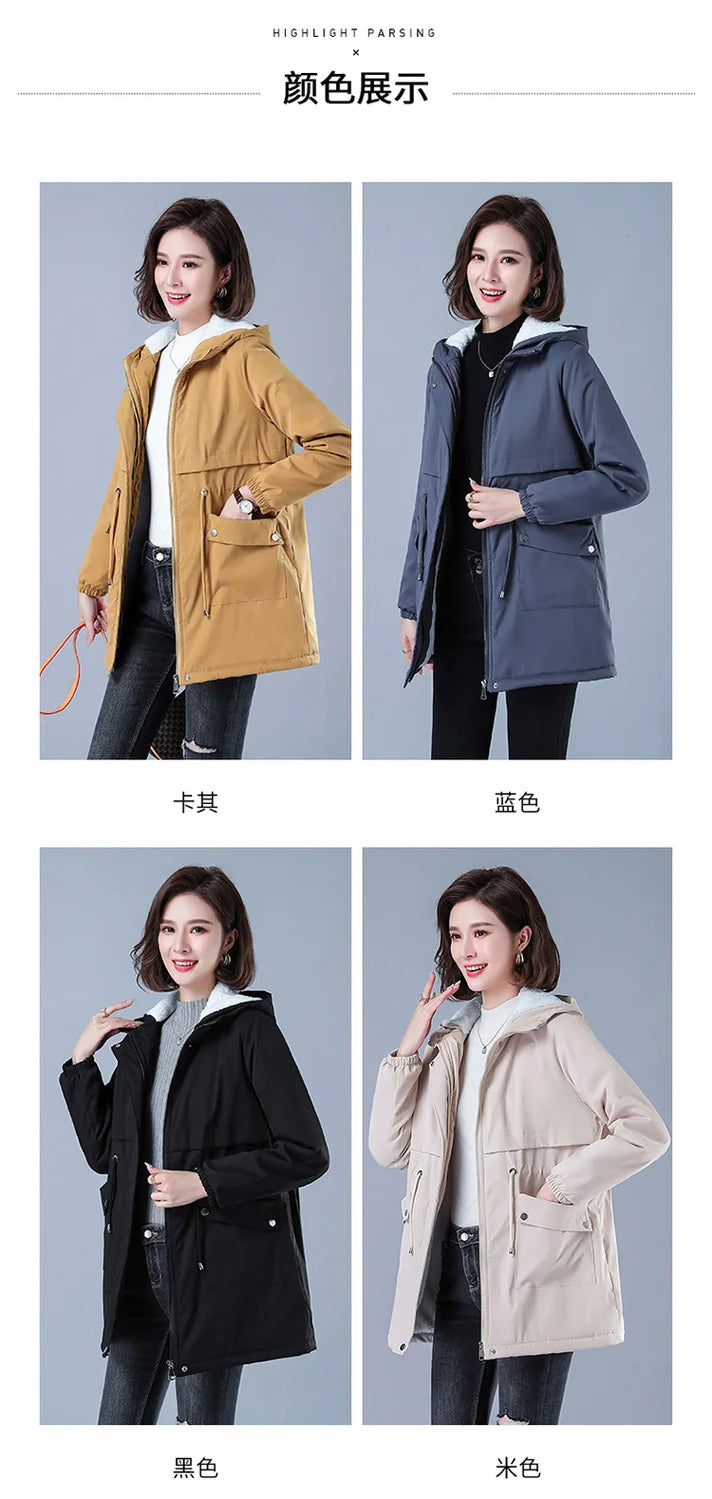 Fleece-gefütterte Kapuze, Daunenjacke, Wintermantel für Damen, warme, mit Kordelzug gepolsterte Parkas, mittellanger Mantel, Streetwear, gepolsterte Kleidung.