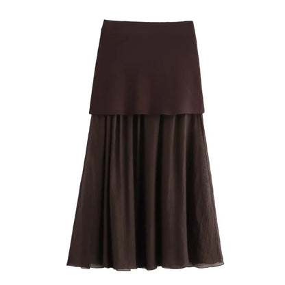 ETJ 2025 spring new  women's elegant fashion same color splicing small pleated hem high waist knit skirt