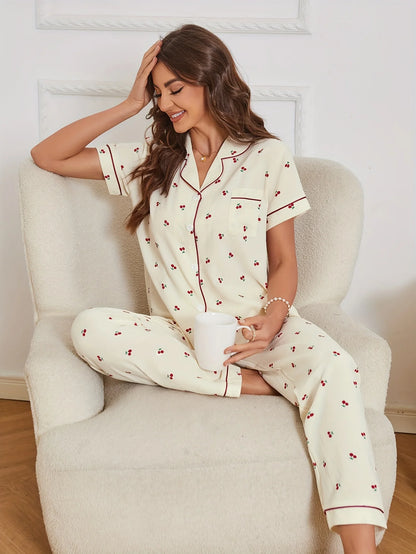 Cherry Print Textured Pajama Set Casual Short Sleeve Buttons Lapel Top & Elastic Pants Women's Sleepwear.