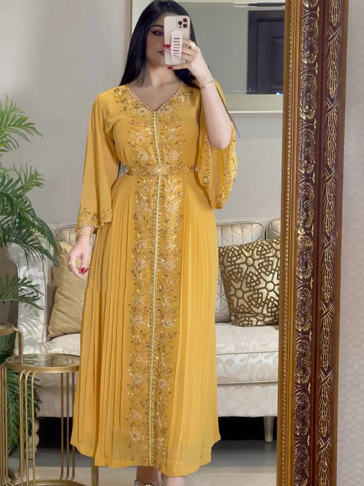 Evening Party Dress Women Eid Morocco Muslim Abaya for Women Diamond Islamic Embroidery Dresses Belt Kaftan Vestidos Maxi Abayas.