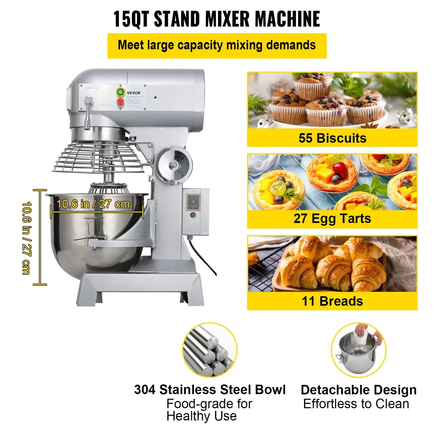 SucceBuy 15QT Industrial Kitchen Mixer 3 Gear Speeds (110/178/390 RPM) Durable 110V Includes Stainless Bowl Dough Hook Whisk.