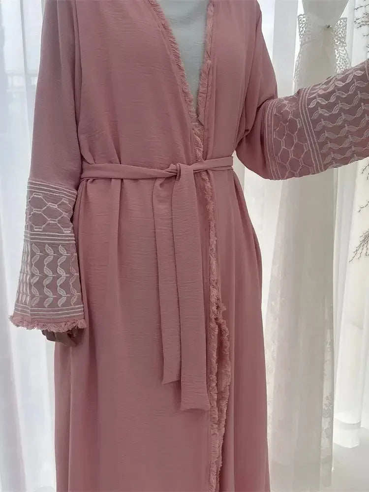 Autumn New Ramadan Open Embroidery Tassel Pink Kimono Abaya Dubai Luxury Muslim Islam Kaftan Dress Abayas Women Kebaya Caftan