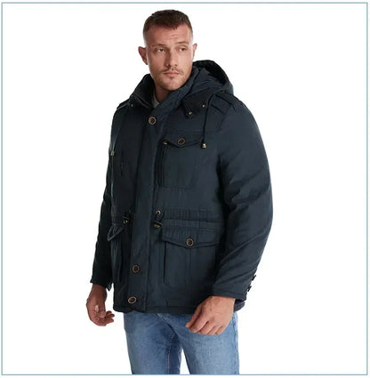 Men's Jacket WINTER USA SIZE Large SIZE Lamb Fleece JACKETS Hooded Cotton Thickened Multi Pocket Casual Mid length Coat
