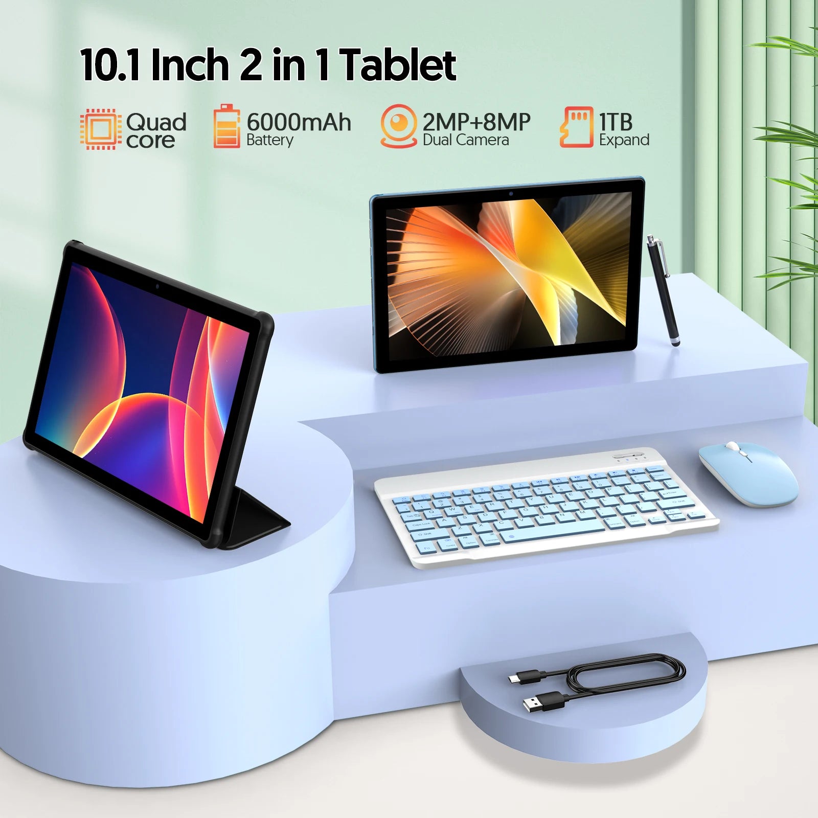 BAKEN 10-inch tablet with SIM card slot, Android 15, Wi-Fi, GPS, Bluetooth, 64GB storage, dual speakers, USB-C port.