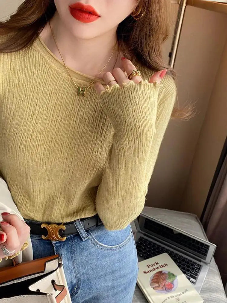 2025Oansatz Rippen Langarm Koreanische Dünne Weibliche Pullover Frauen Pullover Stricken Weiche Jumper Tops Geraffte Herbst Winter Tops
