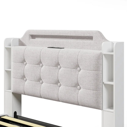 140*200cm Polsterbett mit LED-Lichtleiste und mehreren Ablagefächern, für Schlafzimmerwäsche, Beige (ohne Matratze)