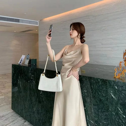 Chiffon-Stoff, Neckholder, mittellanges Kleid für Damen, Sommer, neuer sanfter Stil, schlankmachende Taille, A-Linien-Rock, Polyesterfaser, ärmellos.