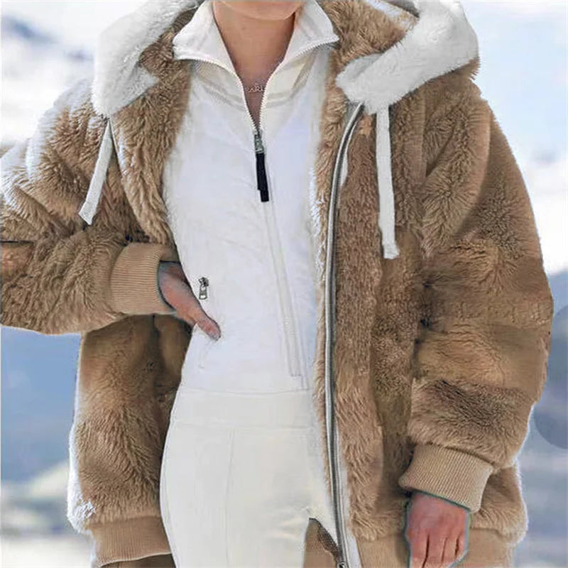 Women Winter Warm Faux Fur Jacket Plush Coat New Casual Hooded Fashion Zipper Soft Fleece Cashmere Jackets Female Thick Clothing.