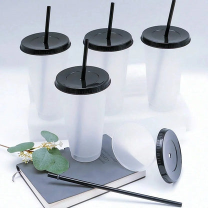 5pcs 24oz Transparent Reusable Tumblers With Black Lids and Straws Iced Coffee Water Bottle Cold Smoothie Cups For Parties Drink.