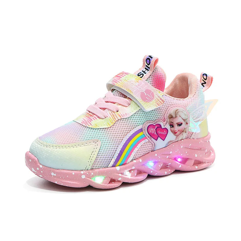 Disney Casual Sneakers LED Lighted For Spring Girls Frozen Elsa Princess Rainbow Outdoor Children Non-slip Pink Purple Shoes.