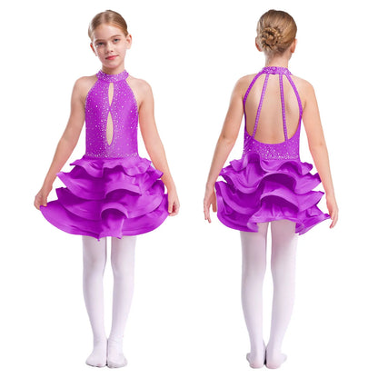 Eiskunstlauf-Kostüm für Teenager-Mädchen, lateinamerikanischer Tanz, Cha-Cha, Tango, Performance-Tanzbekleidung, ärmelloses, gestuftes Kleid mit Strasssteinen