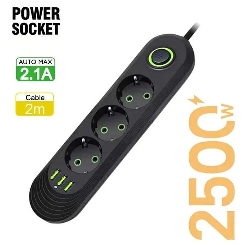 EU-Stecker, 2500 W, Steckdosenleiste mit 3 USB-Anschlüssen, Verlängerungskabel, Steckdose, Verlängerungskabel, runder Stift, AC-Steckdose, elektrischer Ladeadapter.