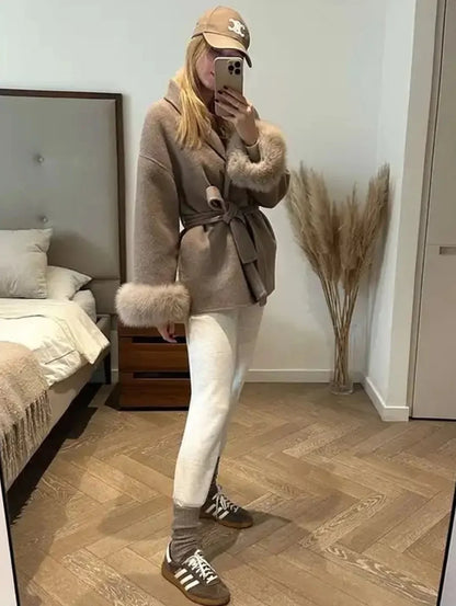 2025 Chic Lapel Plush Coat With Belt Women Vintage Faux Fur Sleeve Tweed Open Coats Female Autumn Winter Casual Street Outwear