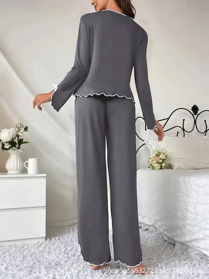 Europe hot-selling new pajamas black fungus edge long-sleeved trousers two-piece set comfortable high-end loungewear.