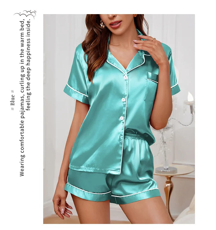 Sommer-Pyjama-Set aus Seidensatin für Damen, Oberteil und Shorts mit Knopfleiste, 2-teilig, Nachtwäsche, gekerbter Kragen, Nachtwäsche, Loungewear für Damen