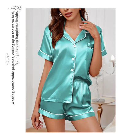 Sommer-Pyjama-Set aus Seidensatin für Damen, Oberteil und Shorts mit Knopfleiste, 2-teilig, Nachtwäsche, gekerbter Kragen, Nachtwäsche, Loungewear für Damen
