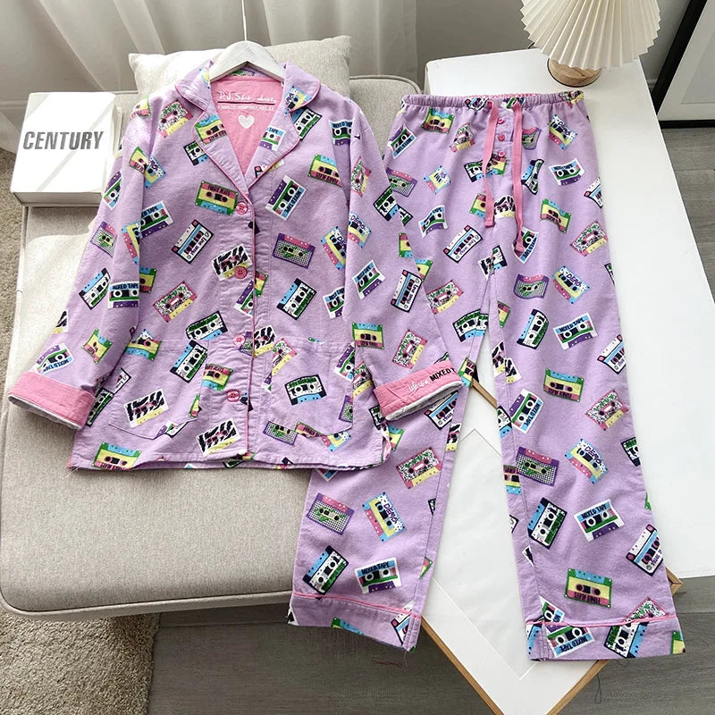 2025 New Pajamas Suit Cotton 2 Piece Set Women Print Cartoon Nightwear Long Sleeve Trousers Set Autumn Loungewear Home Clothes.