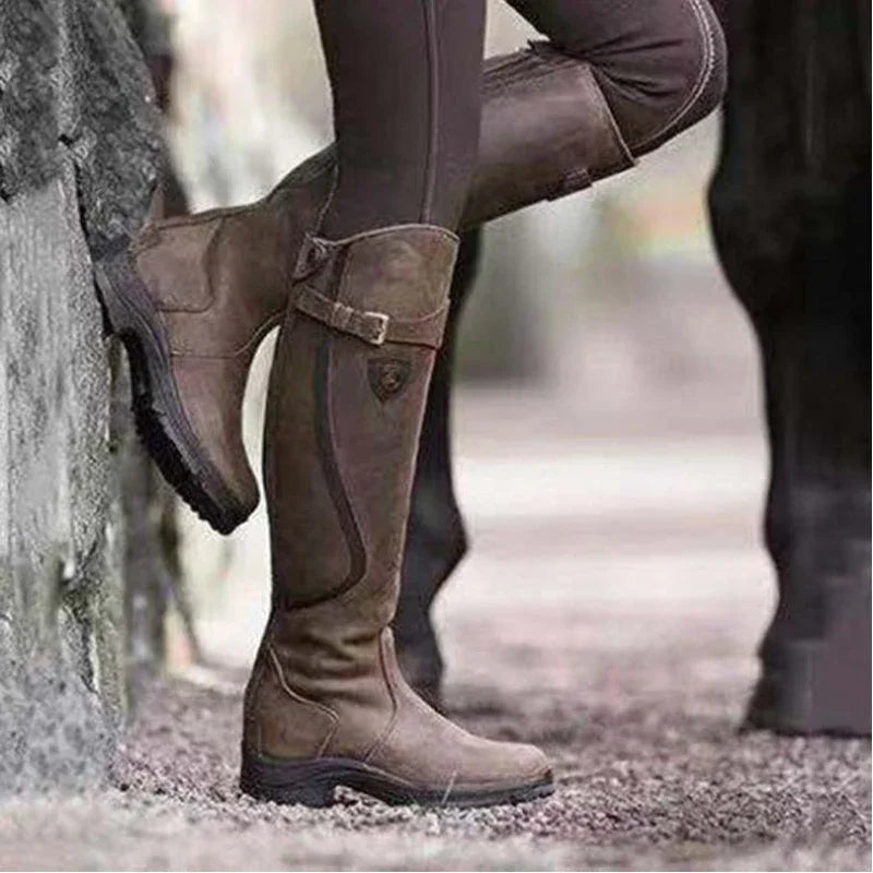 Women Autumn Winter Knee High Boots Female Pleated Buckle Leather Boots Zipper Flat Long Boots Plus Size 35-43 Botas De Mujer.