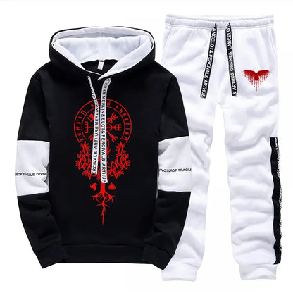 2025 Trendy Mens Tracksuit Hooded Sweatpants Viking Raven Print Autumn Winter Casual Sportswear Jogging Outfit Clothes for Man.