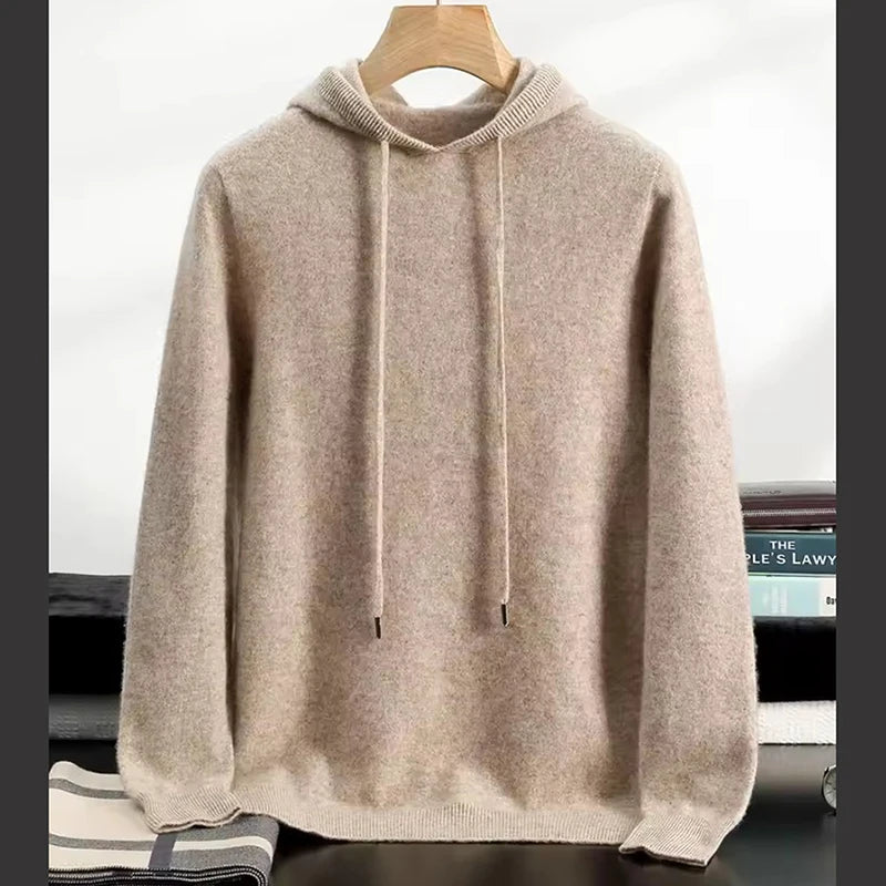 100% Cashmere Sweater Men's Ready-To-Wear Hooded Knitted Pullover Autumn Winter Long Sleeved Sweater Casual Sports Hoodie Top.