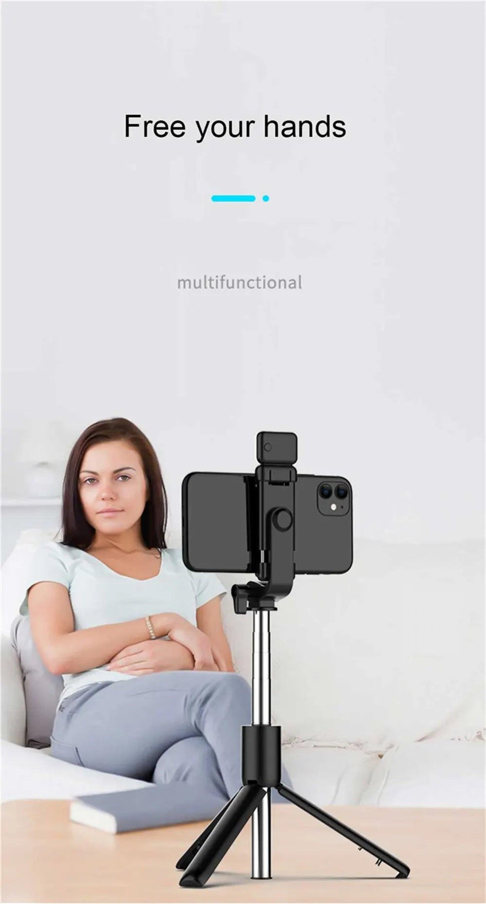 Portable Bluetooth Selfie Stick Tripod Holder with Remote Shutter Fill Light Extendable Wireless Remote Retractable Phone Stand.