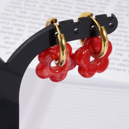 Colorful Flower Glass Drop Charms Earring Gold Color Circle Ear Buckle Hoops Stainless Steel Earrings Fashion Jewelry for Women