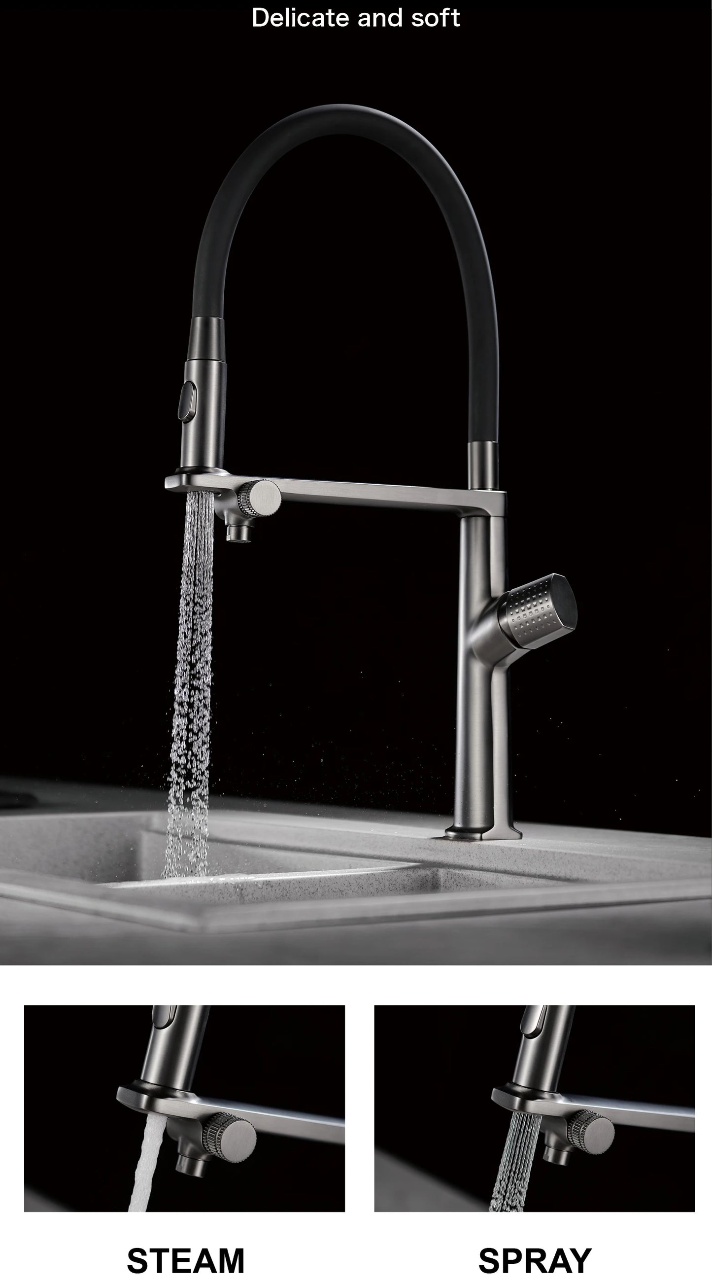 AITANA Luxury Brass Gun Grey Pull out 2-Function Kitchen Faucet Single Handle Cold and Hot Water Pure Water Design Sink Tap