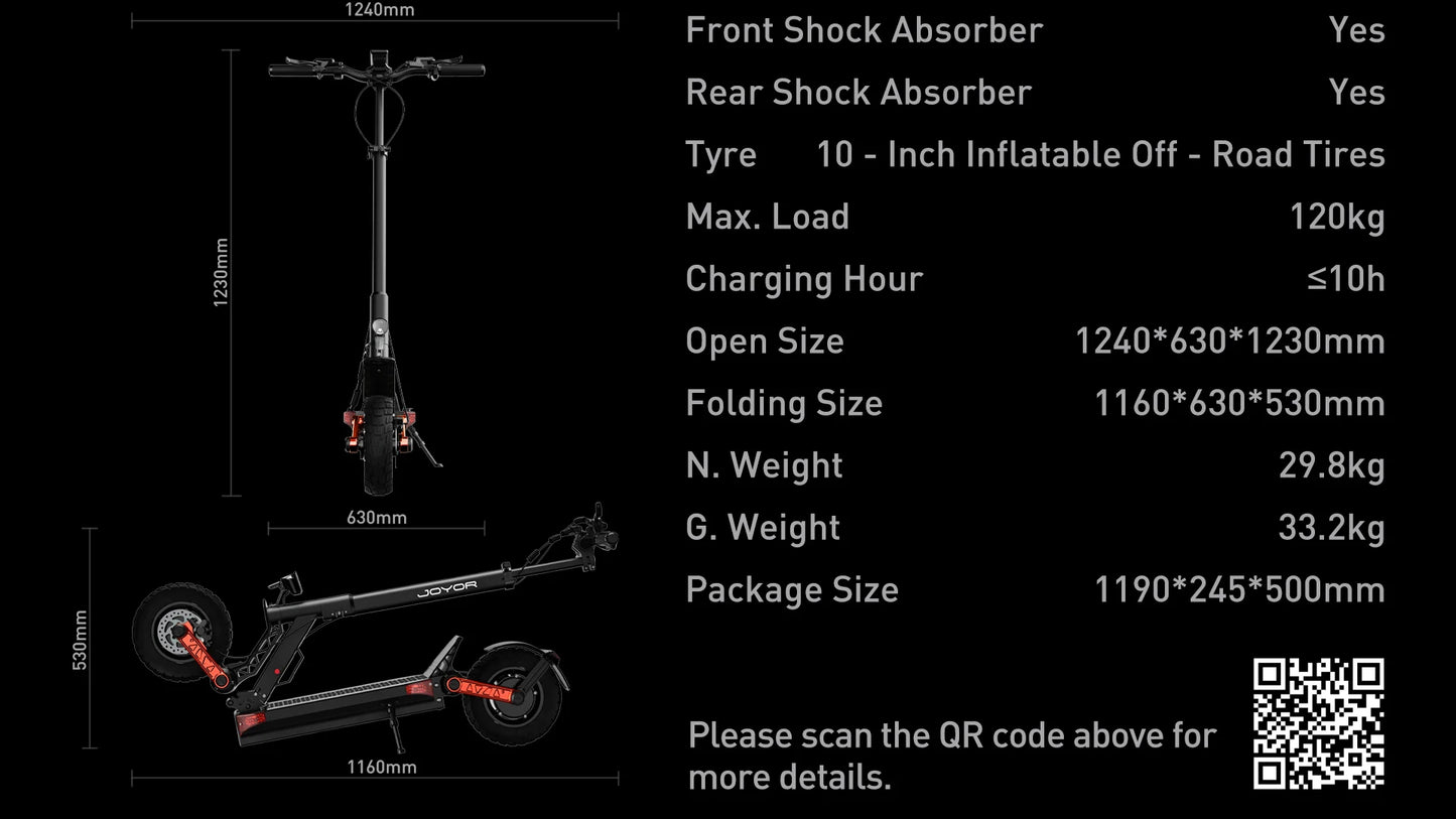 JOYOR S10-S-Z Folding Electric Scooter Dual 1000W Motor 10" Adults E-scooter with 60V 18Ah Battery
