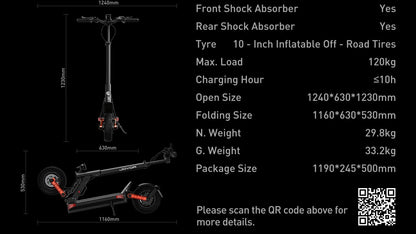 JOYOR S10-S-Z Folding Electric Scooter Dual 1000W Motor 10" Adults E-scooter with 60V 18Ah Battery