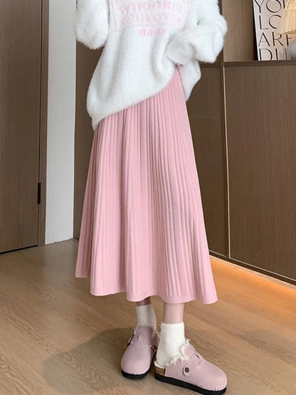 Sweet Vintage Knitted Long Skirts Women Preppy Style High Waist Loose A Line Skirts Fall Winter Retro Simple Elegant Long Skirts.