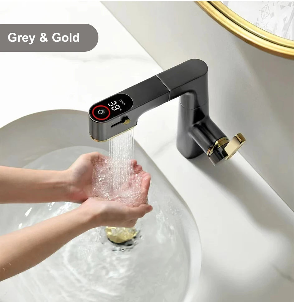 VGX Multifunctional Bathroom Faucets Pull Out Basin Mixer Sink Faucet Gourmet LED Display Tap 360° Tapware Crane Brass Chrome