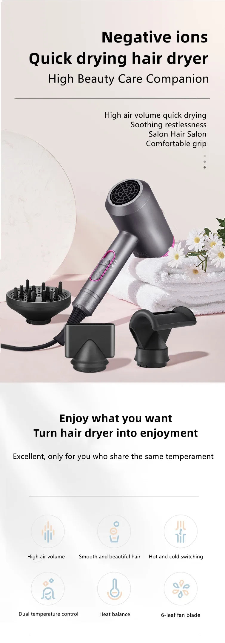 Professional Hair Dryer With High Air Volume And Quick Drying Negative Ion Hair Care EU/US/UK/AU Plug For Home Use Hair Dryer