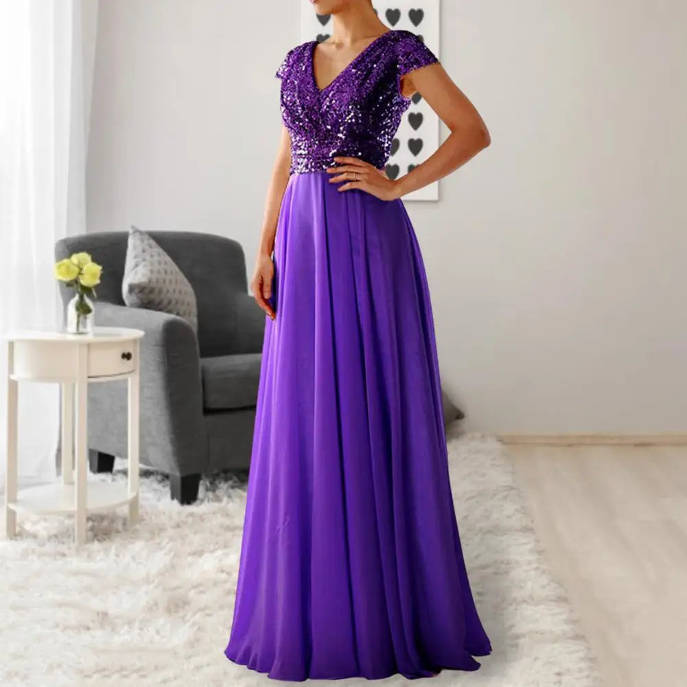 Elegantes Pailletten Chiffon Kleid für Frauen V-Ausschnitt Plissee Saum weibliche Pailletten Chiffon Abschluss ball Cocktail langes Kleid Hochzeit Abendkleid.