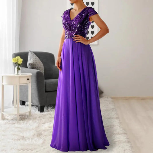 Elegantes Pailletten Chiffon Kleid für Frauen V-Ausschnitt Plissee Saum weibliche Pailletten Chiffon Abschluss ball Cocktail langes Kleid Hochzeit Abendkleid.