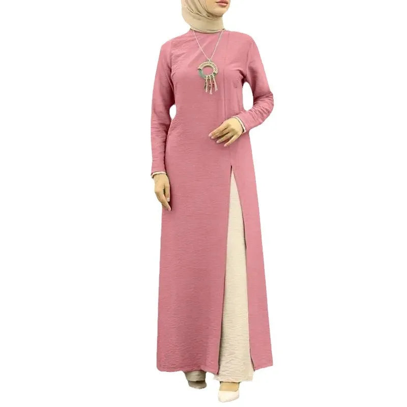 Muslim Women's Long Sleeve Crepe High Split Hem Dress.