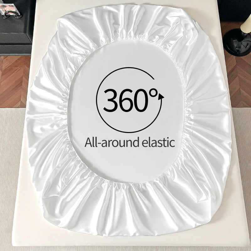 Satin Elastic Fitted Sheet Solid Mattress Cover 360 Band Bed Sheet for Single Double Couple King Queen Full Twin Bedsheet.