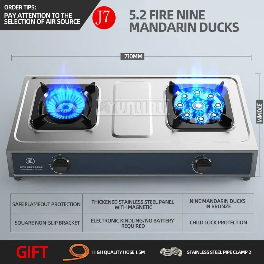 Desktop Stainless Steel Double Stove Household Bench Top Strong Fire Liquefied Natural Gas Stove.