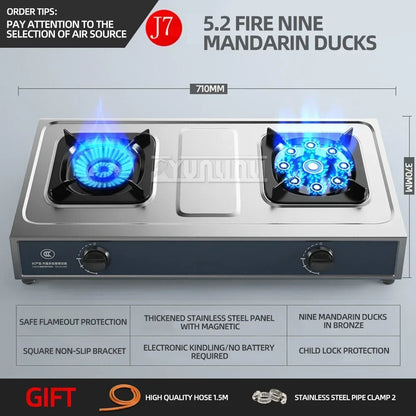 Desktop Stainless Steel Double Stove Household Bench Top Strong Fire Liquefied Natural Gas Stove.