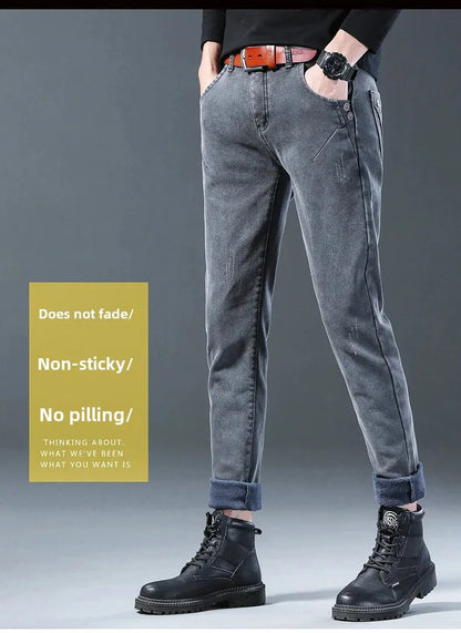 Winter Hot Sale Of The Season Trendy Stretchy Fleece Lined Thick Denim Mid Waist Fashionable Casual Warm Long Pants Men's Jeans.