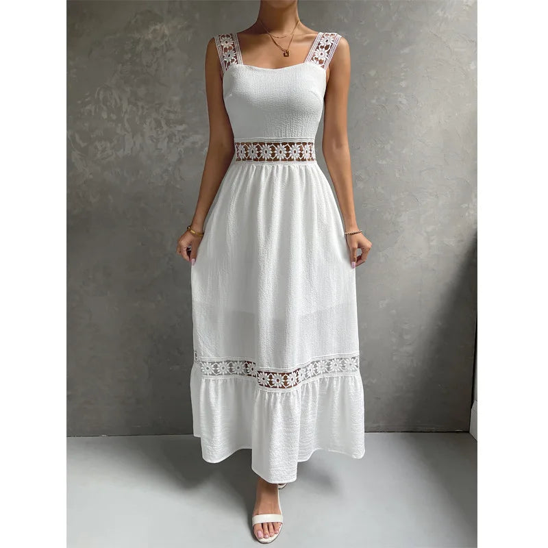 Weiße Lange Kleid Frauen Sommer Sexy Sleeveless Backless Maxi Kleider Damen Elegante Hohle Heraus Spitze Kleid Boho Sommerkleid Vestidos.