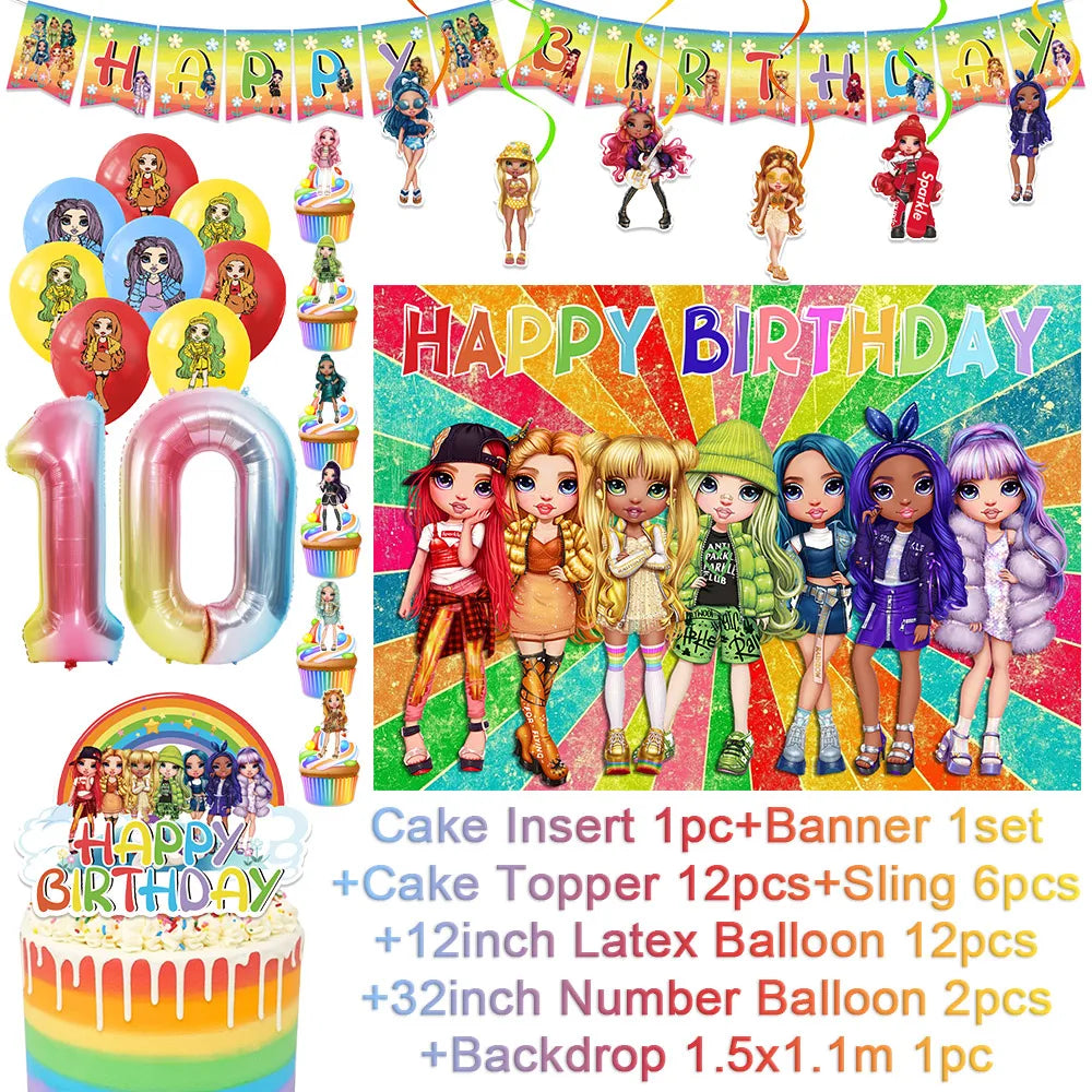 Cartoon Regenbogen Puppe High School Thema Hintergrund Geburtstag Party Dekoration Lieferungen Einweg Tasse Besteck Ballon Baby Geschenk.