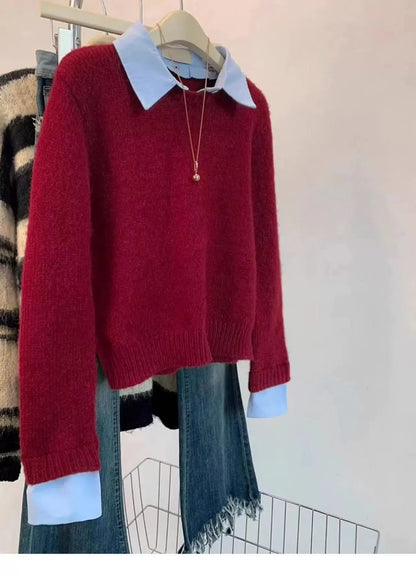 Gefälschte Zwei Shirts Kragen Pullover frauen Herbst Outfit Neue Lazy Linterior Kontrast Farbe Grau Stricken Pullover Top Mit Flip kragen.