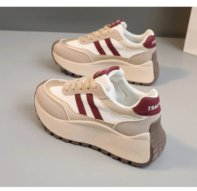 Spring Thick Bottom Women's Shoes 2025 Summer Casual Patchwork Leather Sneakers Casual Vulcanised Shoes Ladies Chaussure Femme.