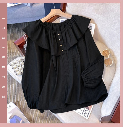 2025 French Large Size Long Sleeve O-neck Solid Color Loose Ruffle Shirt Ladies Spring Autumn Plus Size Blouses for Women.