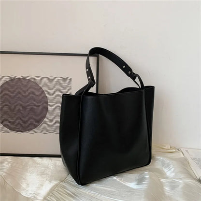 Simple Women Bucket Shoulder Bags New Solid Color Handbags Retro Large Capacity Tote Bags Large Capacity Pu Leather Bags 2024.