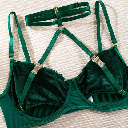 Cut Out Bra and Brief Velvet Erotic Set Women 2-Piece Halter Underwear Patchwork Thong Intimates Sexy Lingerie Pornos Suit Latex